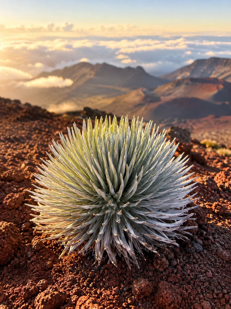 A silvery silversword plant on red cinder near the Haleakala summit, with the crater behind