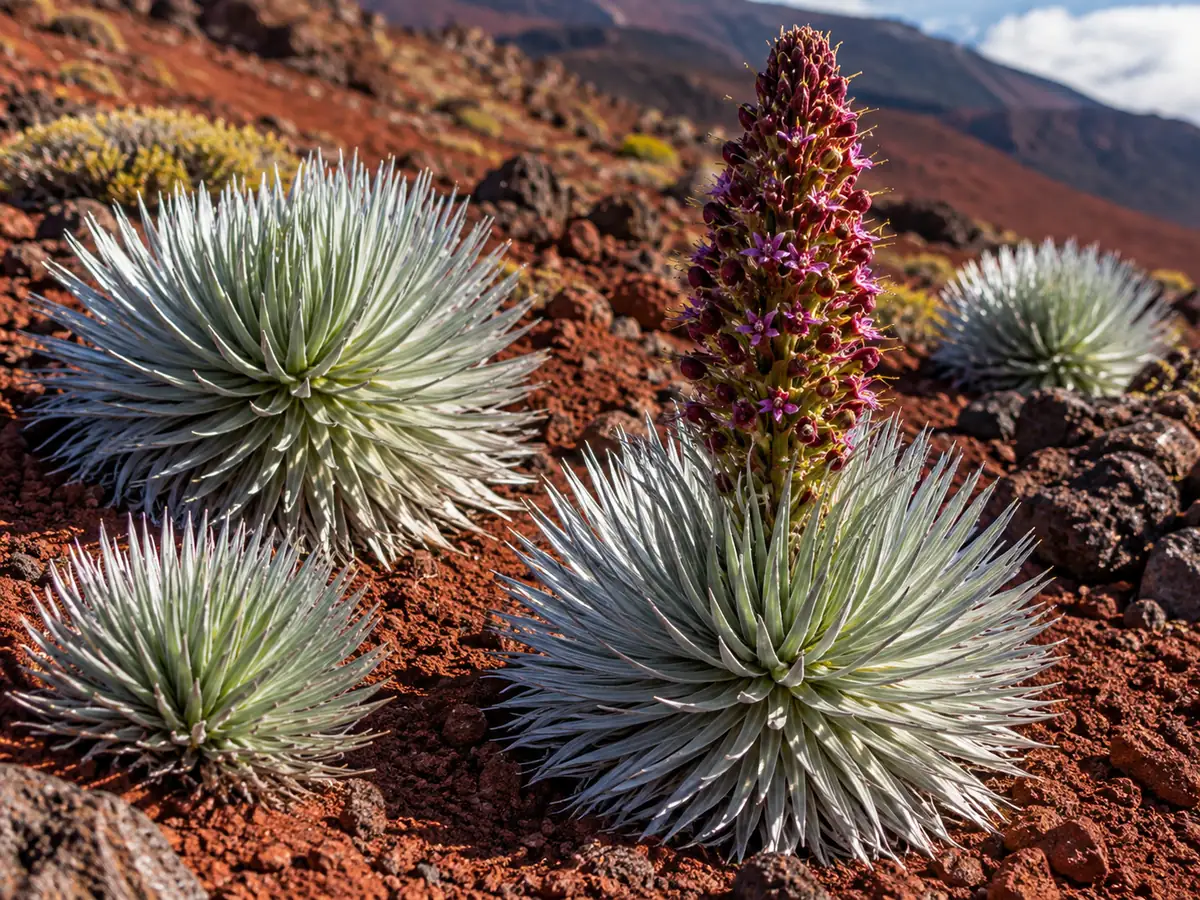 Silversword plants with a tall purple flower stalk on red cinder