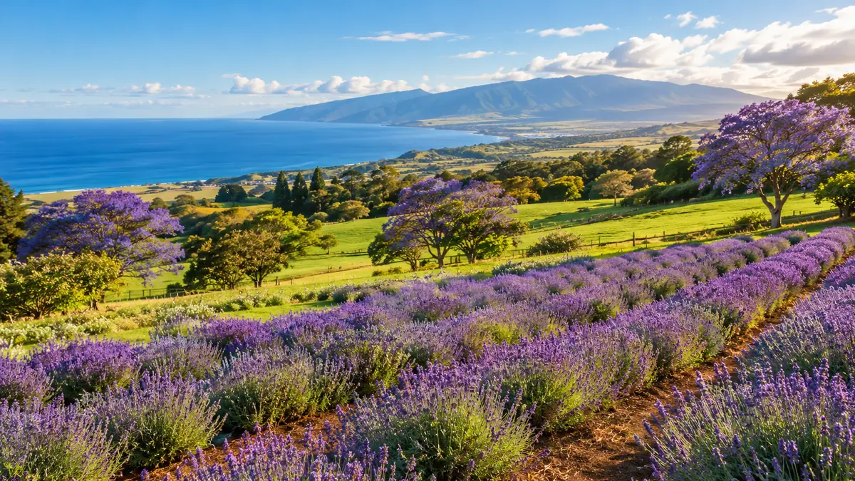 Rows of purple lavender on a sunny Upcountry Maui hillside with the ocean beyond